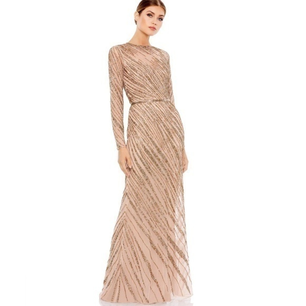 MAC DUGGAL Mocha Long Sleeve Beaded Column Gown